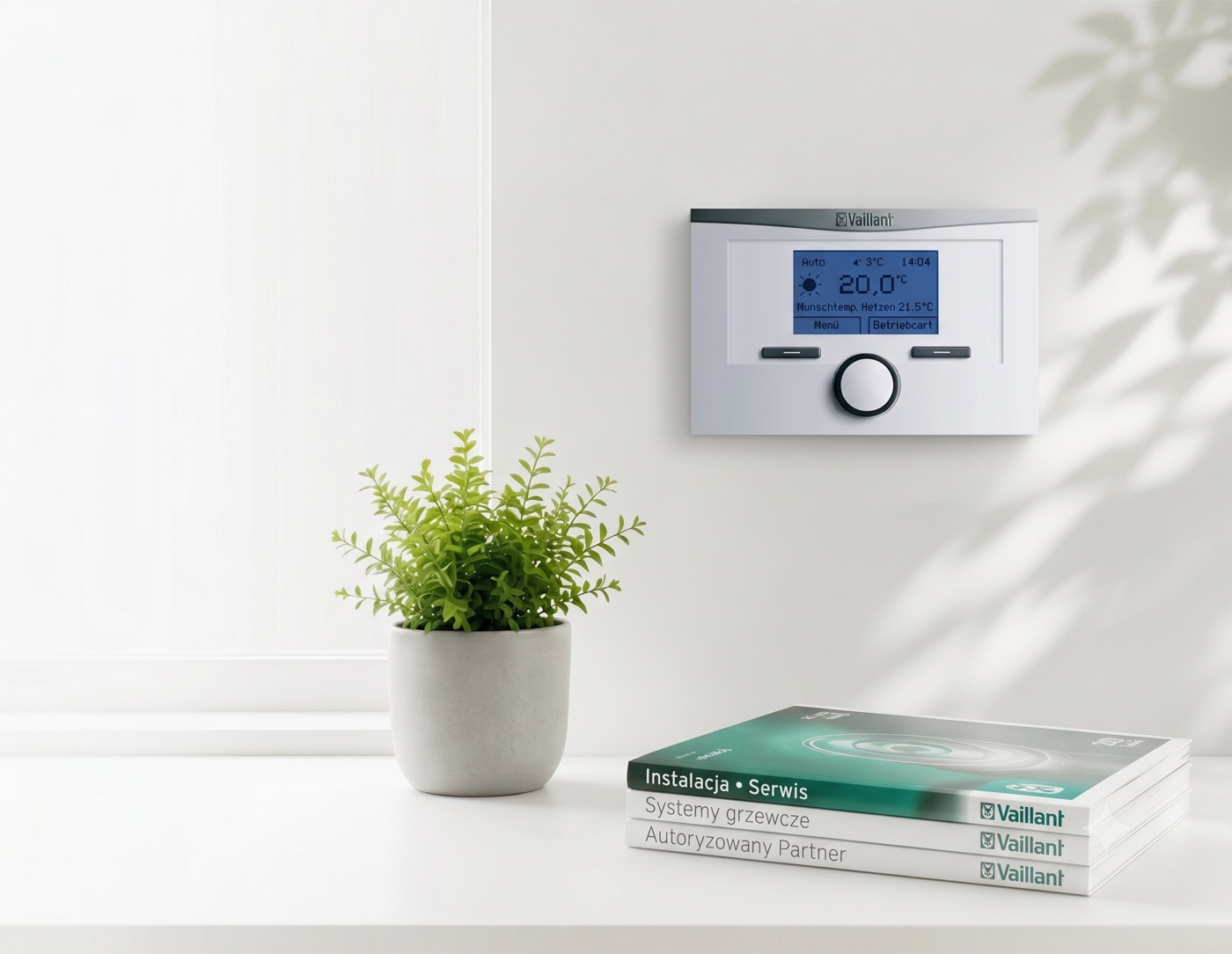 Regulator pokojowy Vaillant zamontowany na ścianie oraz materiały autoryzowanego serwisu Vaillant